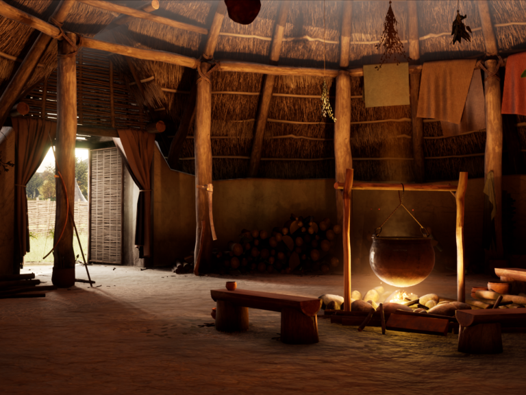 Interior of Wessex Archaeology Bronze Age Roundhouse Virtual Reality Experience 