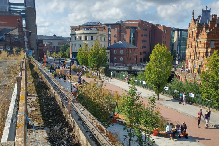 View of the ‘Grey to Green’ regeneration of the former road Castlegate