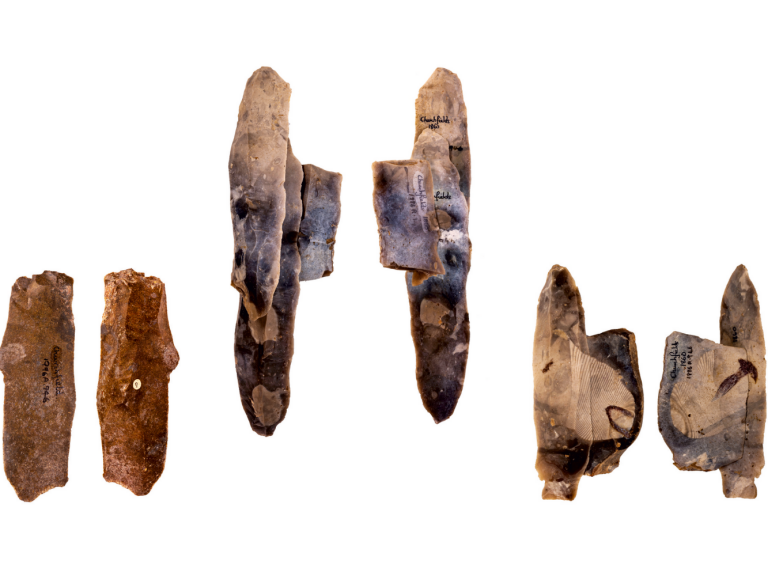 Collection of objects from Churchfields, showing blade of Greensand chert and refitting flint blades