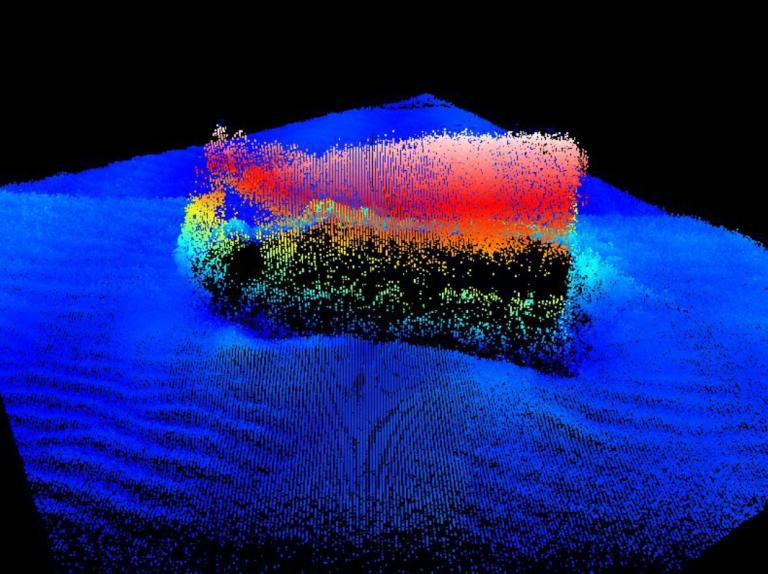 Multibeam bathymetry showing the inverted stern and rudder of one of the Landing Ship Tanks wrecks 