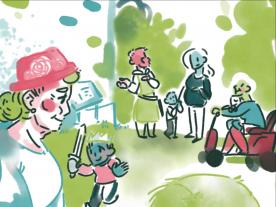 Cartoon graphic of a group of people 